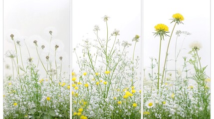 Yellow wildflowers meadow triptych; nature scene; spring background; website, card design