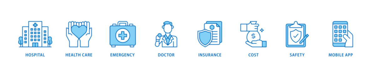 Medical care icon set flow process which consists of hospital, health care, emergency, doctor, insurance, cost, safety, mobile app icon live stroke and easy to edit .