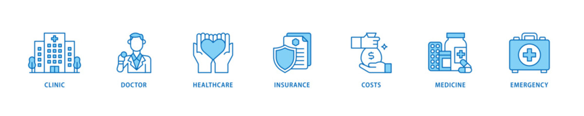 Medicare icon set flow process which consists of emergency, insurance, medicine, costs, healthcare, doctor, clinic icon live stroke and easy to edit .