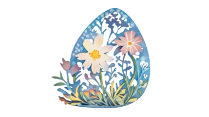 Easter egg decorated with blooming cosmos flowers and lush green leaves on transparent background