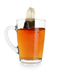Brewing aromatic tea. Cup with teabag isolated on white