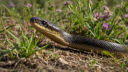Obraz premium Trimeresurus Albolabris in Harmony with Nature Surrounded by Flowers and Insects