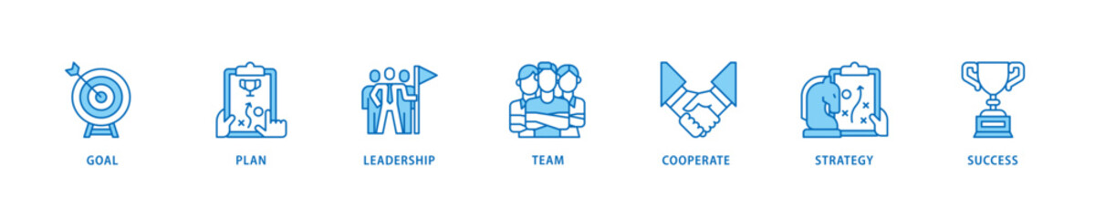 Mission icon set flow process which consists of goal, plan, leadership, team, cooperate, strategy and success icon live stroke and easy to edit .
