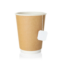 Tea bag in paper cup isolated on white