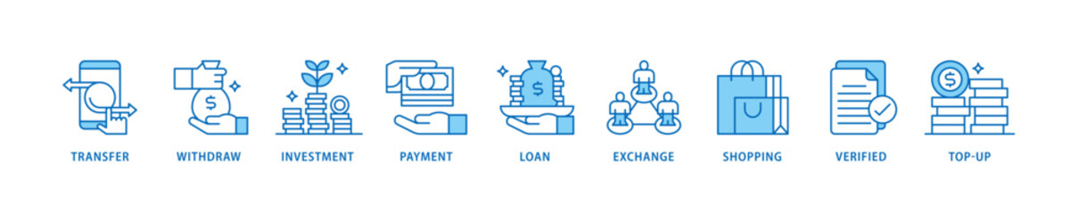 Mobile banking icon set flow process which consists of transfer, withdraw, investment, payment, loan, exchange, shopping, verified and top-up icon live stroke and easy to edit .