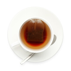 Tea bag in cup with hot drink isolated on white, top view