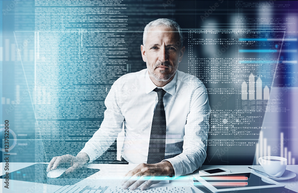 Aufkleber Business man, overlay and software with code, review or programming for user experience on system at job. Mature person, hologram and developer for solution, process or problem solving at IT company