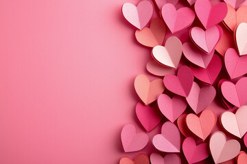 A cascade of pink paper hearts, delicately crafted, unfolds across a matching backdrop, symbolizing love's gentle unfolding and the tender layers of affection.