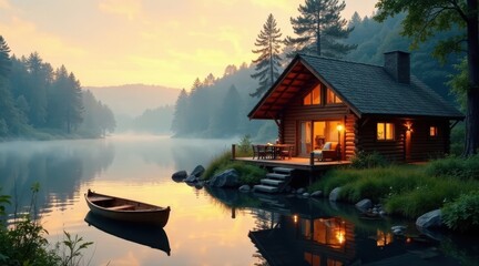 Fototapeta premium Serene Lakeside Log Cabin at Dawn Tranquil Waters Reflecting Golden Sunrise Light on Rustic Wooden Structure, Small Rowboat Gently Floating Near Shore