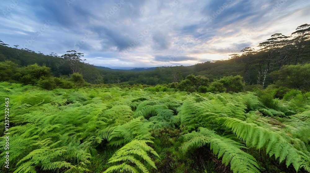 Poster expansive ferns under moody sky in dense forested landscape at sunset : generative ai