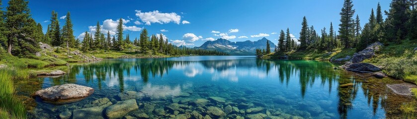 Fototapeta premium A serene lake reflects the blue sky and mountains, surrounded by lush greenery and scattered rocks, creating a picturesque natural landscape.