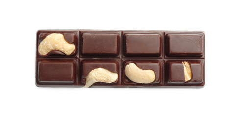 One tasty chocolate bar with cashew nuts isolated on white, top view