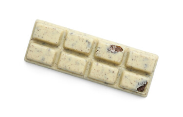 One tasty chocolate bar with crumbs of cookie isolated on white, top view