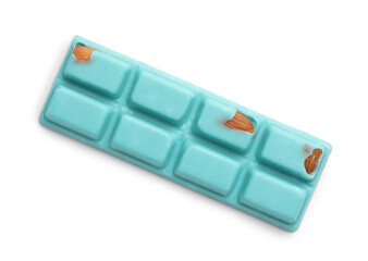 One bright chocolate bar with almonds isolated on white, top view
