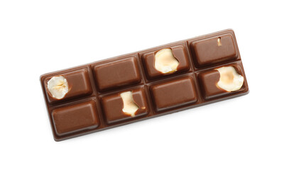 One tasty chocolate bar with nuts isolated on white, top view