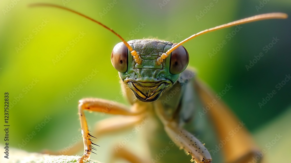 Poster Portrait of a Praying Mantis with Large Eyes and Textured Green Background in Spring : Generative AI