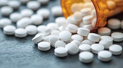 Prescription Medication Pills Spilled from Orange Bottle on Dark Surface Close Up : Generative AI