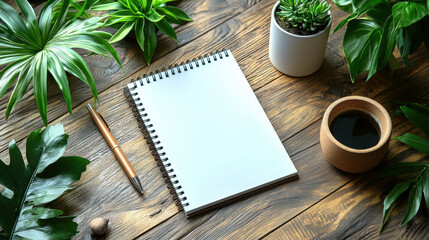 serene flat lay of office stationery with blank notebook, plants, and coffee