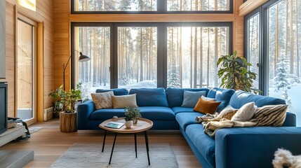 Cozy Blue Sectional Sofa In A Wooden Cabin With Large Windows Overlooking A Snowy Winter Forest. The Scene Is Peaceful And Serene, Perfect For Relaxation.