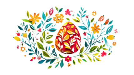Colorful easter egg surrounded by paper flowers and leaves on transparent background