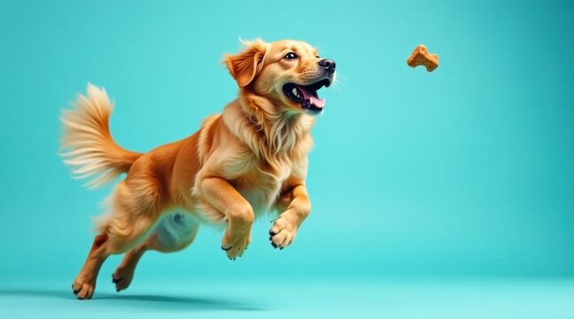 Golden Retriever mid-air playfully chasing after a treat against a vibrant teal backdrop