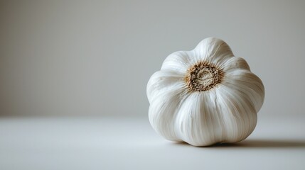 Single garlic bulb, neutral backdrop, food photography, recipe use.