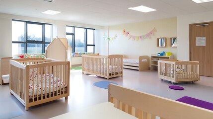 Modern Brightly Lit Daycare Center with Wooden Cribs and Colorful Play Areas : Generative AI