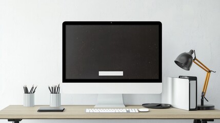 Modern Minimalist Workspace with Starry Night Computer Screen