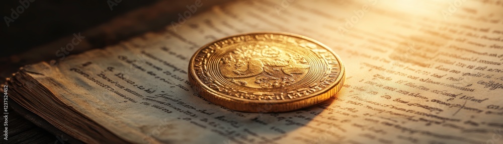 Aufkleber a golden coin rests on an aged book, illuminated by soft light, highlighting its intricate design an