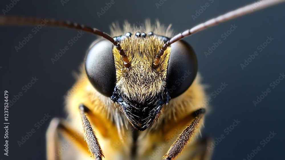 Poster close up macro shot of bee showing detailed eyes and antenna on blurred background : generative ai