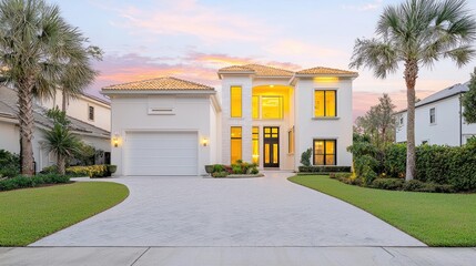Fototapeta premium Luxury waterfront home sunset view, palm trees, driveway