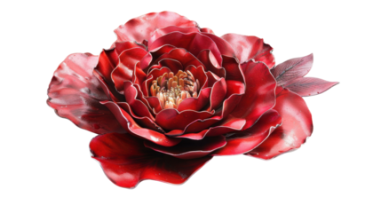 Large red metal rose blooming on transparent background