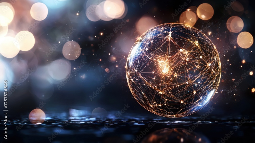 Poster illuminated digital sphere virtual space abstract art dark background close-up view connectivity con