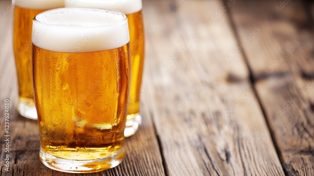 Poster refreshing glasses of cold beer on rustic wooden table with foam : generative ai