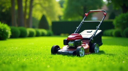 A vibrant red lawnmower rests on a lush green lawn, ready for a summer's day of maintaining a perfectly manicured outdoor space.