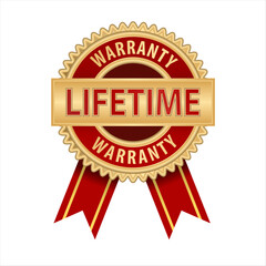 Lifetime warranty yellow stamp vector. red and golden round and ribbon badge emblem for premium quality product guarantee. graphic of logo design for satisfaction of customer on advertising business