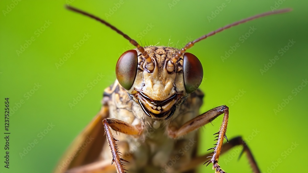 Poster extreme closeup of a grasshopper head with detailed eye structure : generative ai
