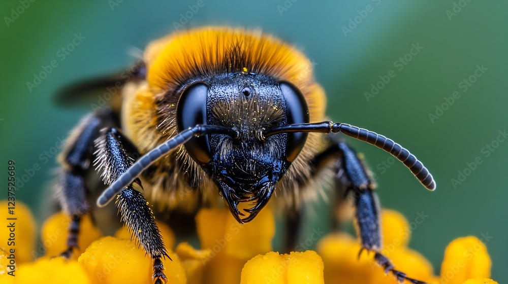 Poster closeup of a honeybee on a yellow flower with vibrant details and blurred background : generative ai