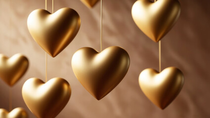 Fototapeta premium Luxurious gold hearts floating in a glittering golden aura on a stylish mocha background.