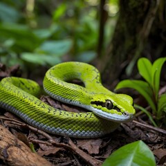 Fototapeta premium Juvenile White Lipped Pit Viper Exploring the Forest Floor with Unique Markings