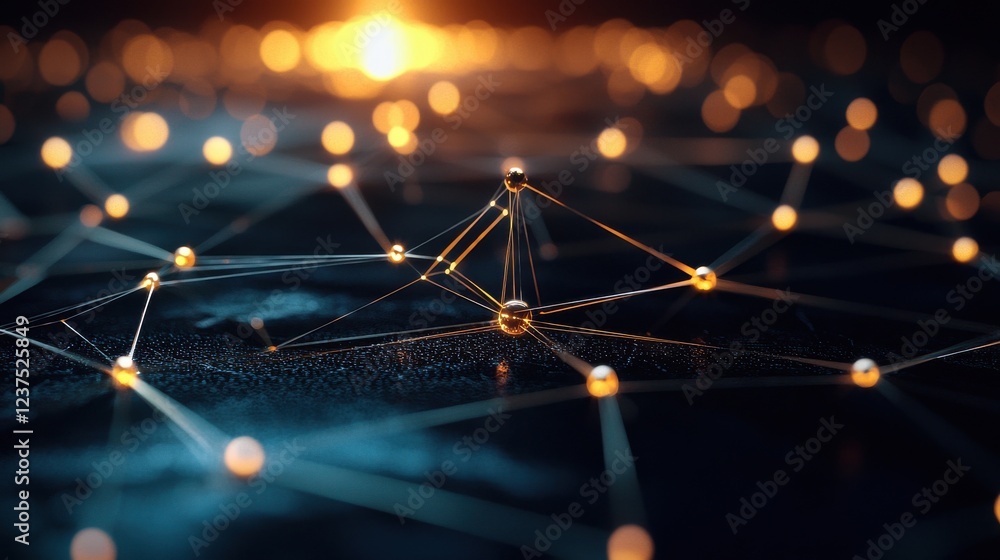 Poster illuminated connected nodes digital network abstract visualization dark background macro view techno