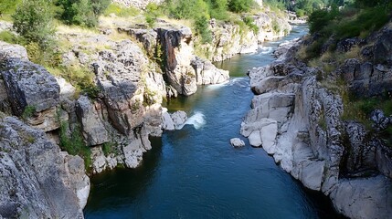 Pristine River Flowing through Rocky Gorge with Lush Vegetation : Generative AI