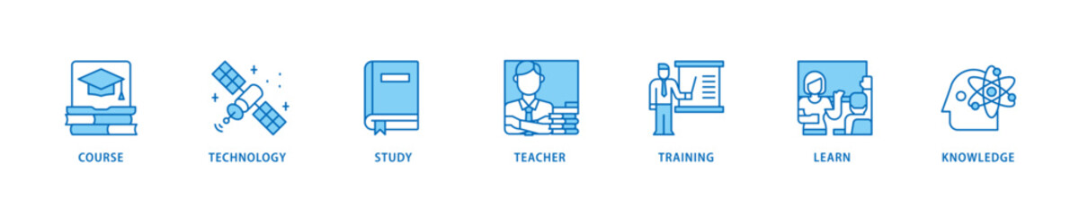 Online education icon set flow process which consists of course, technology, study, teacher, training, learn and knowledge icon live stroke and easy to edit .