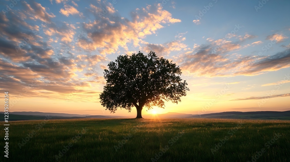 Poster solitary oak tree standing majestically under a vibrant sunset sky with colorful clouds : generative