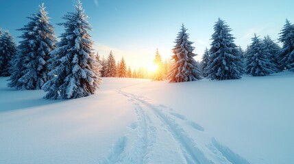 Obraz premium Sunlit winter mountain path, snow-covered trees, scenic sunset