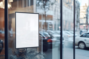 Realistic blank window sign mockup displayed on a glass storefront with a blurred city street reflection. Perfect for showcasing branding, advertising, or promotional poster designs