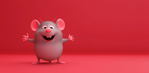 Cute cartoon mouse smiling on red background
