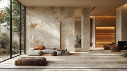 MATERIAL SELECTION MOODBOARD OF A CORPORATE MODERN OFFICE, INCLUDING BEIGE TRAVERTINE WITH CLEAN FINISH, WARM WOOD WITH GLOSSY FINISH, MATT BLACK ALUMINIUM ROD, AND OPAQUE GLASS