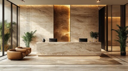 MATERIAL SELECTION MOODBOARD OF A CORPORATE MODERN OFFICE, INCLUDING BEIGE TRAVERTINE WITH CLEAN FINISH, WARM WOOD WITH GLOSSY FINISH, MATT BLACK ALUMINIUM ROD, AND OPAQUE GLASS