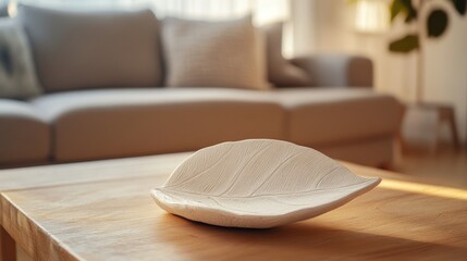 Serene Living Room Decor: Leaf-Shaped Dish on Wooden Coffee Table